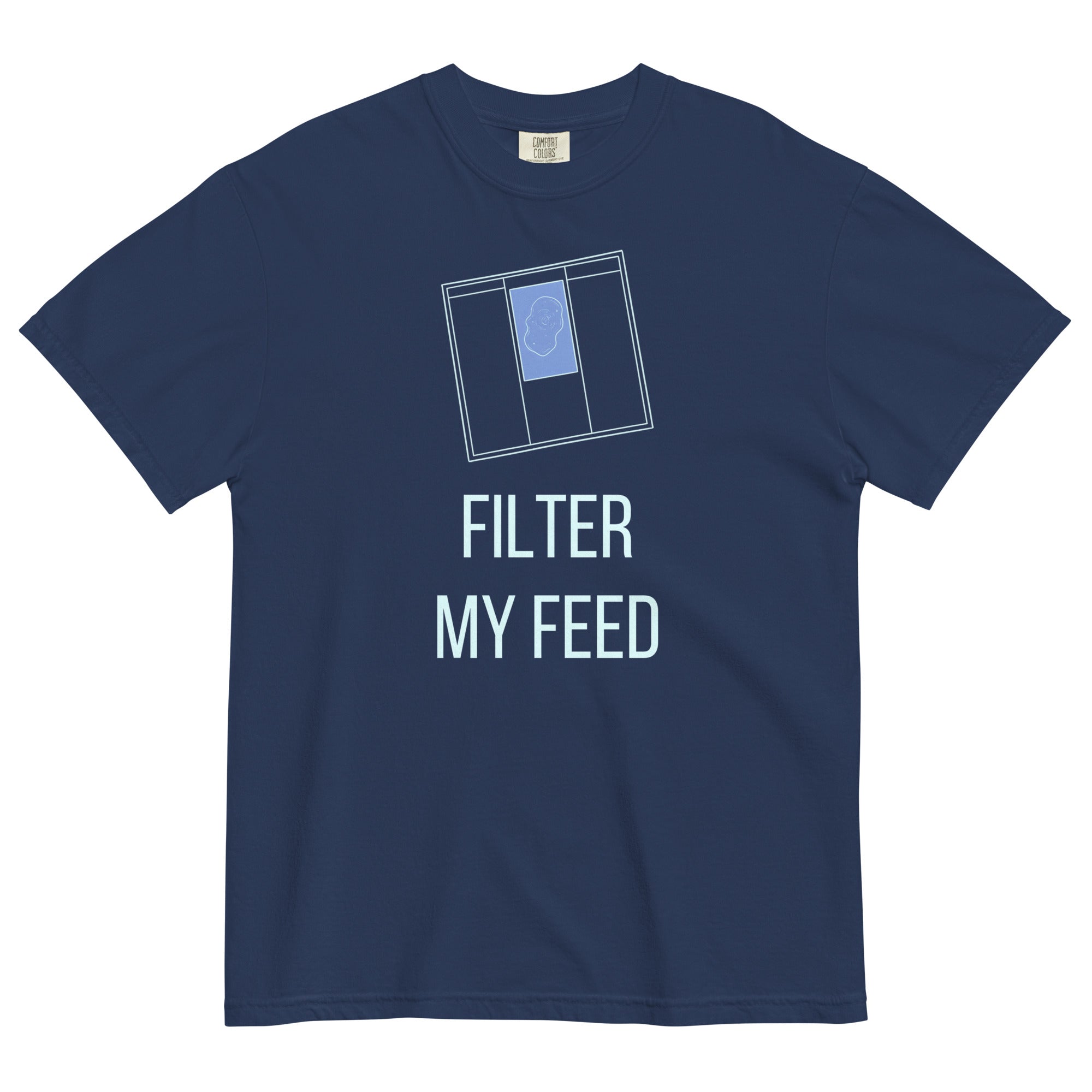 True Navy Filter My Feed nebula tee laid flat, front view showing the full print