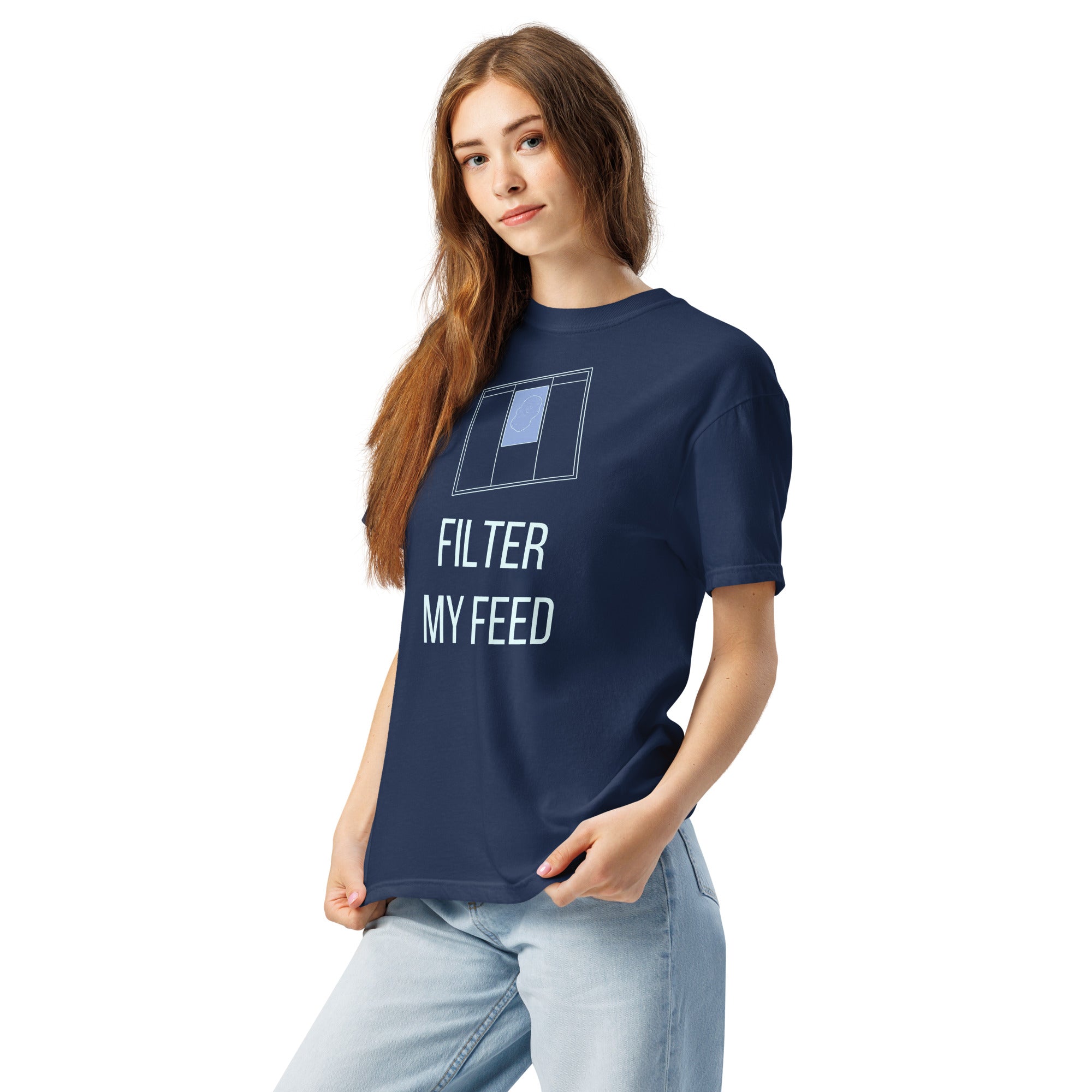 Angled front view of a woman in the True Navy Filter My Feed nebula shirt