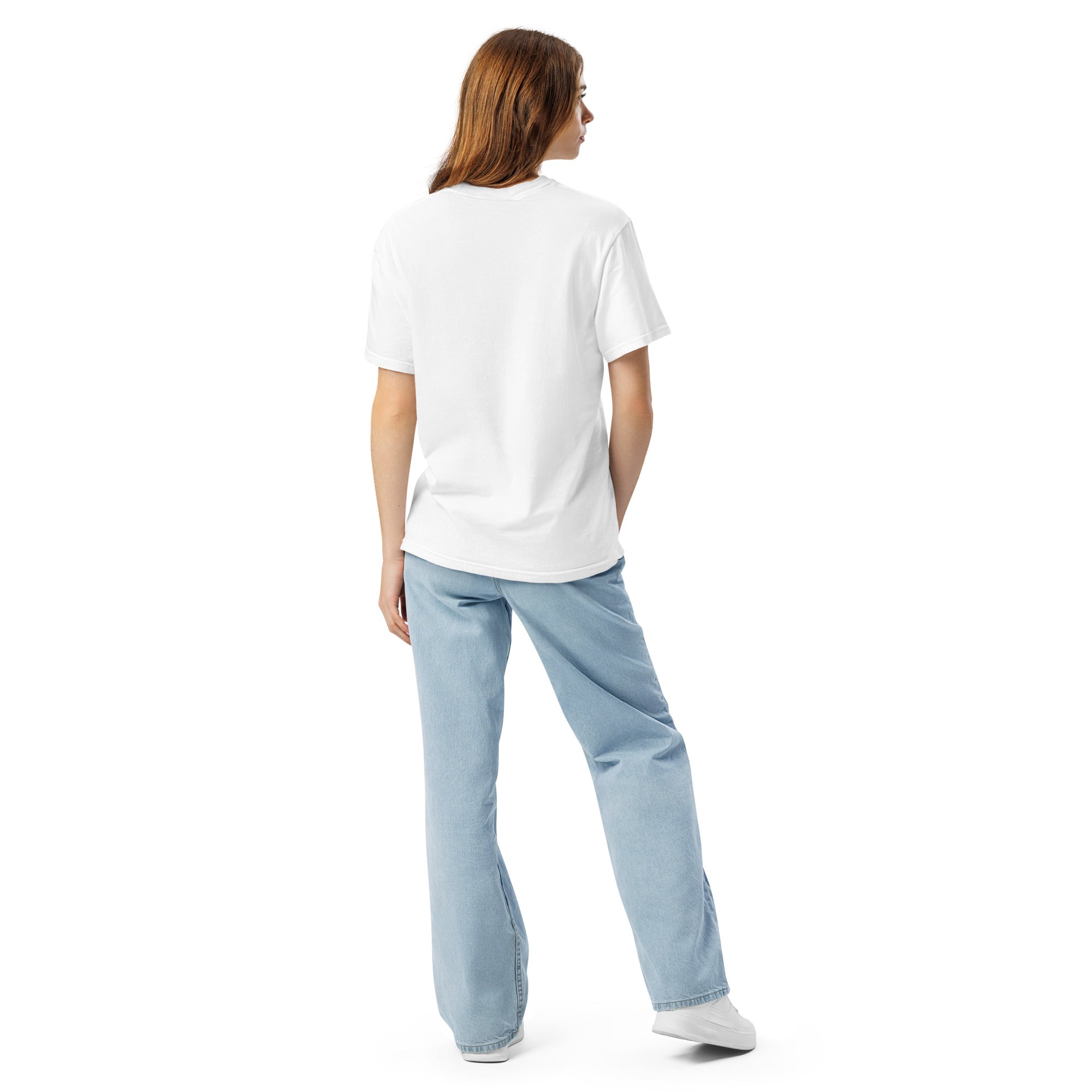 Back view of a woman in the White Cluster Muster star cluster shirt, showing the plain back