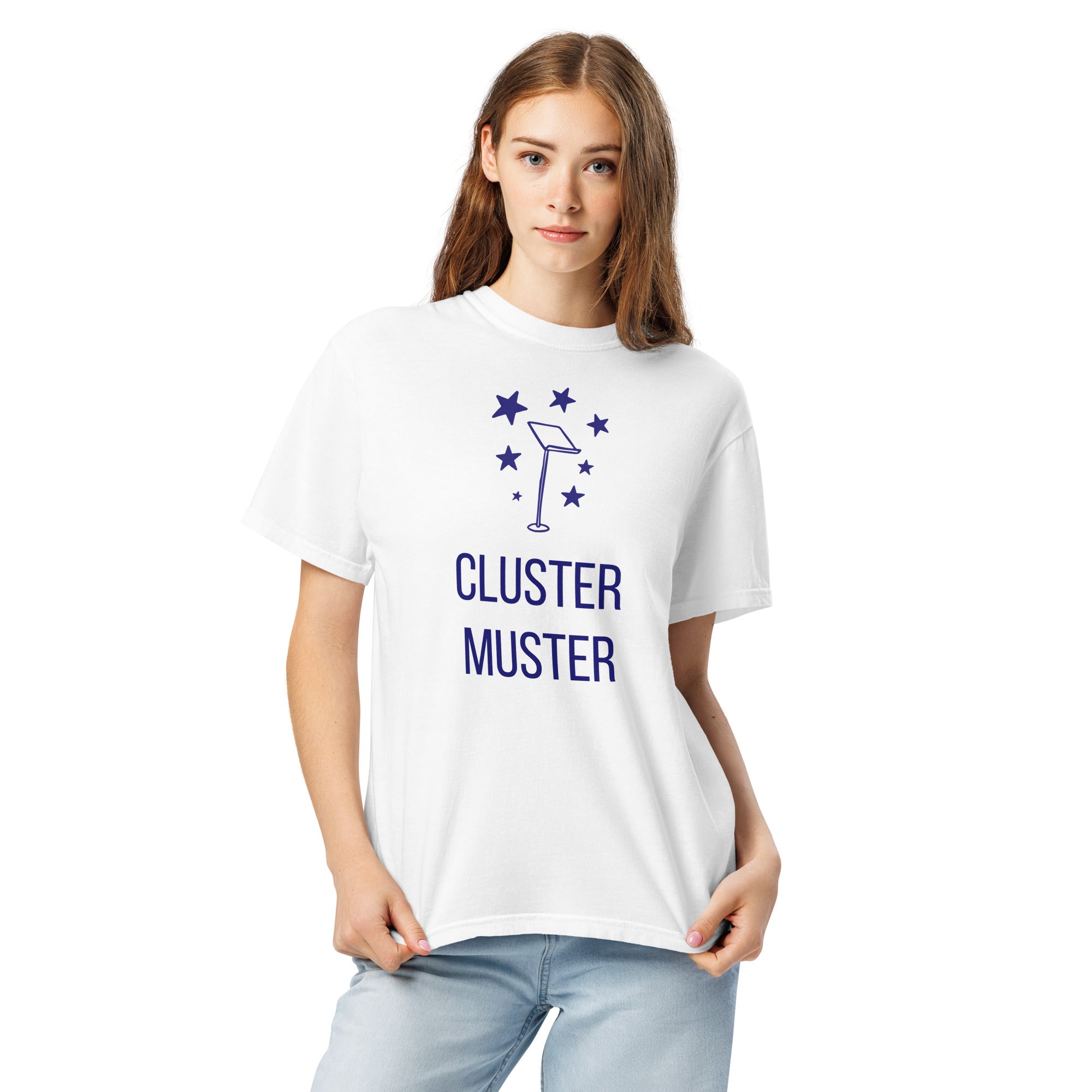 Woman wearing the White Cluster Muster star cluster shirt, front close-up with the stars, music stand and lettering fully visible