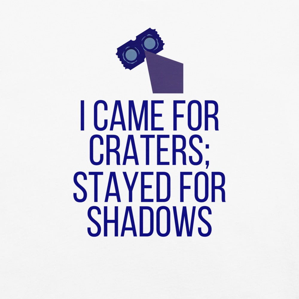 Close-up of the Came for Craters, Stayed for Shadows print: navy binoculars, a purple-grey shadow wedge and four lines of navy capitals