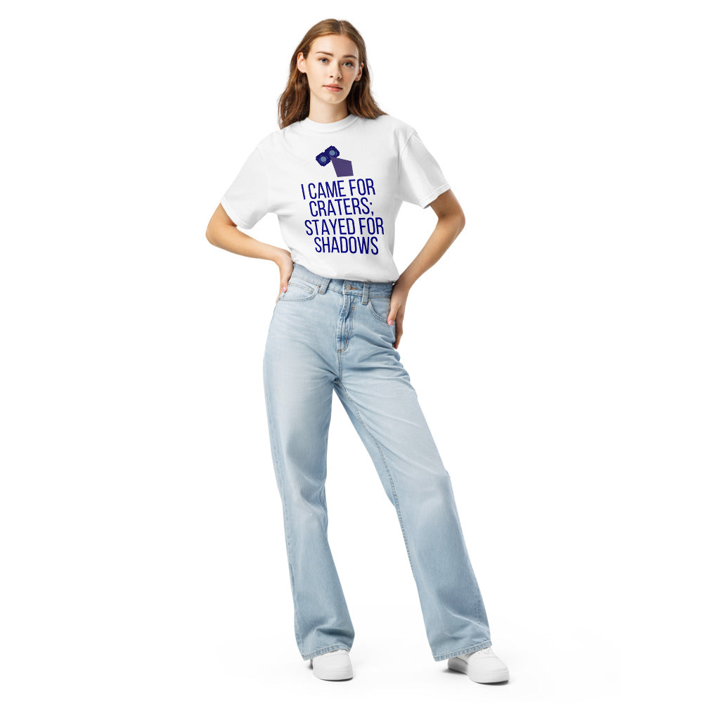 Full-length front view of a woman in the White Came for Craters, Stayed for Shadows lunar observer shirt with jeans