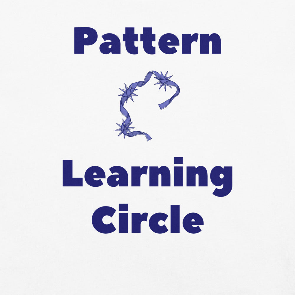 Close-up of the Pattern Learning Circle print: navy rounded letters and a periwinkle ribbon knotted around three stars