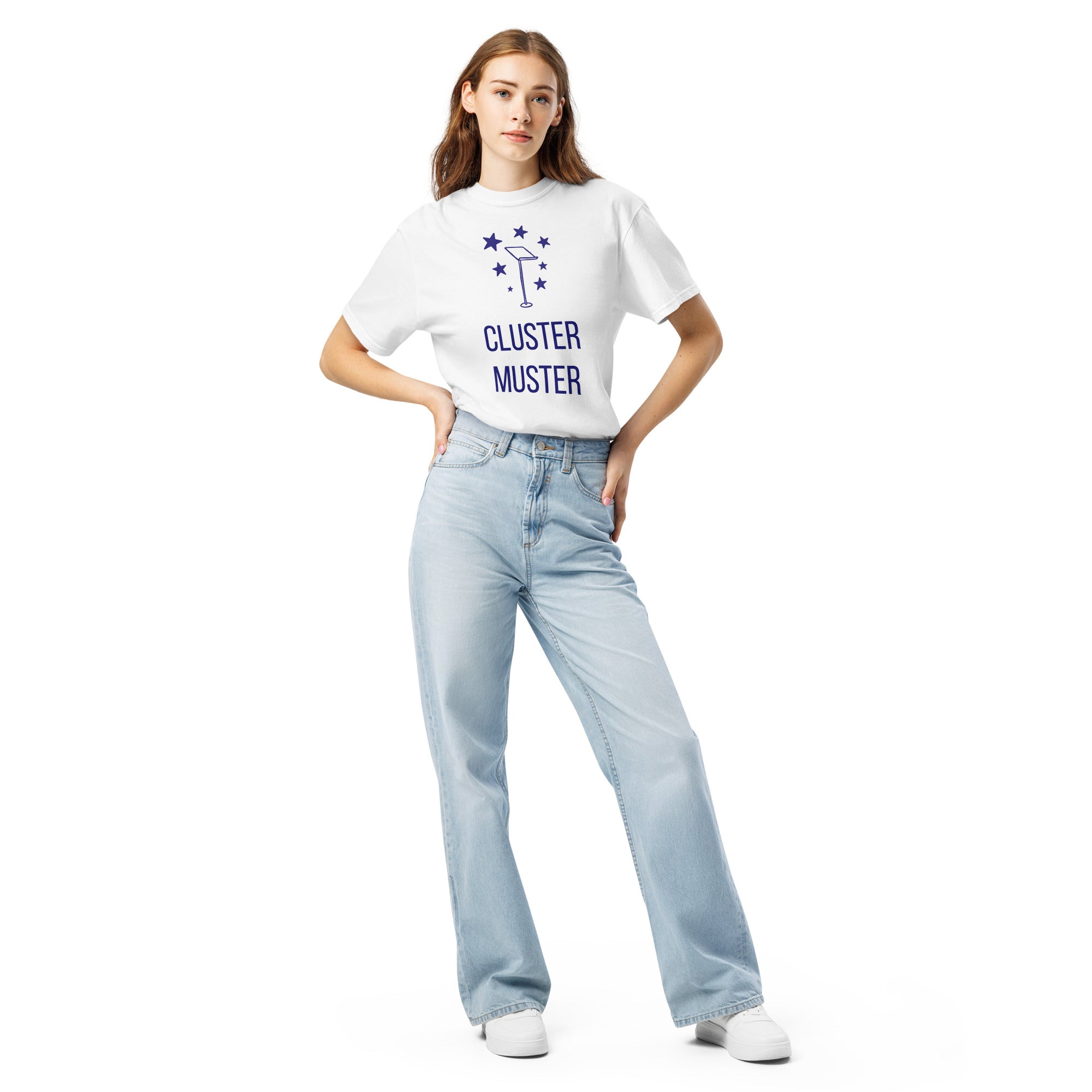 Full-length front view of a woman in the White Cluster Muster star cluster shirt with light jeans