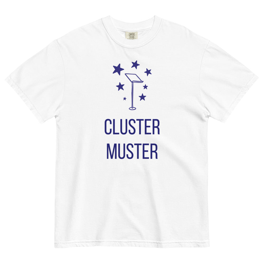 White Cluster Muster star cluster tee laid flat, front view showing the full print