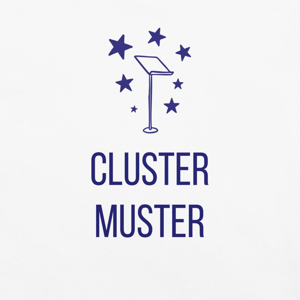 Close-up of the Cluster Muster print on a White tee: seven navy stars around an empty music stand above tall navy capitals
