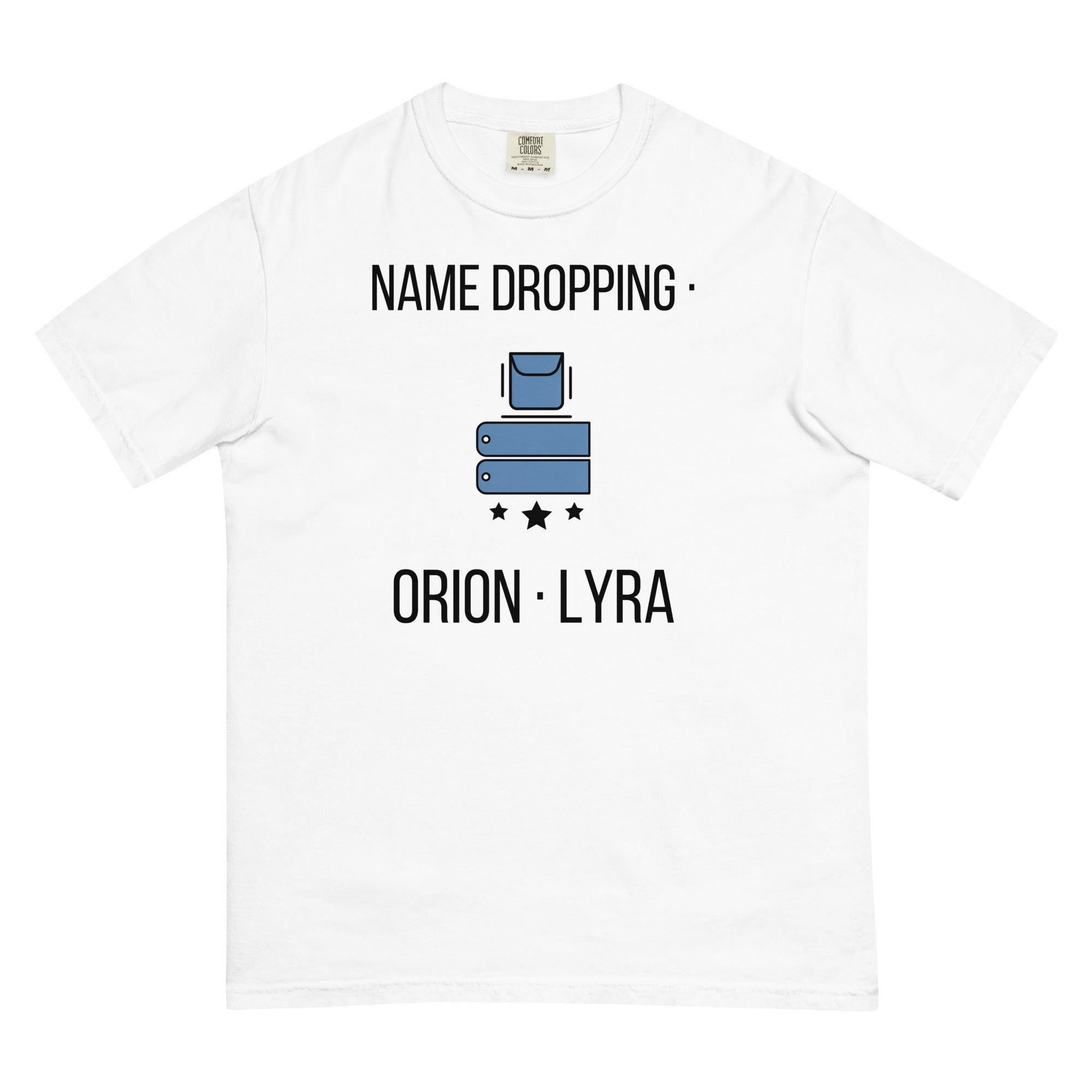 White Name Dropping orion constellation tee laid flat, front view showing the full print
