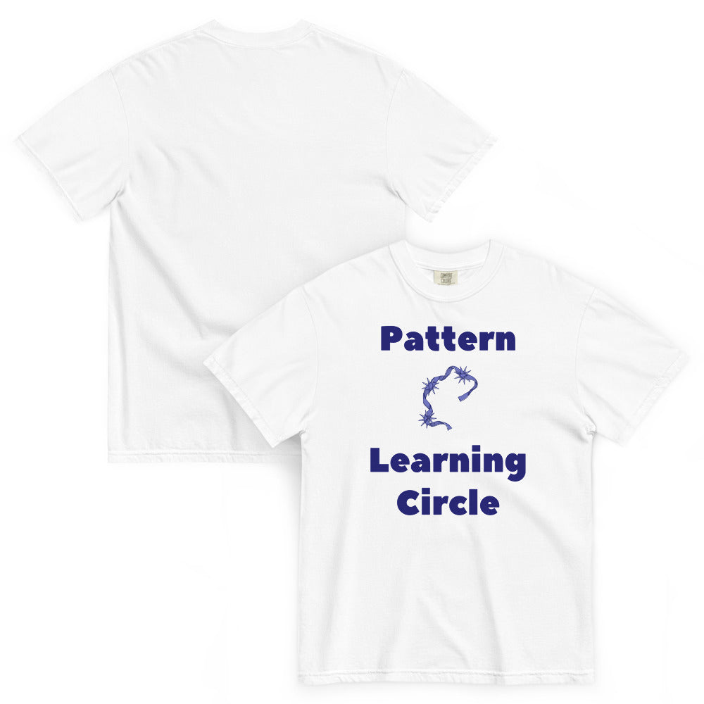 White Pattern Learning Circle tee laid flat, front and plain back shown together