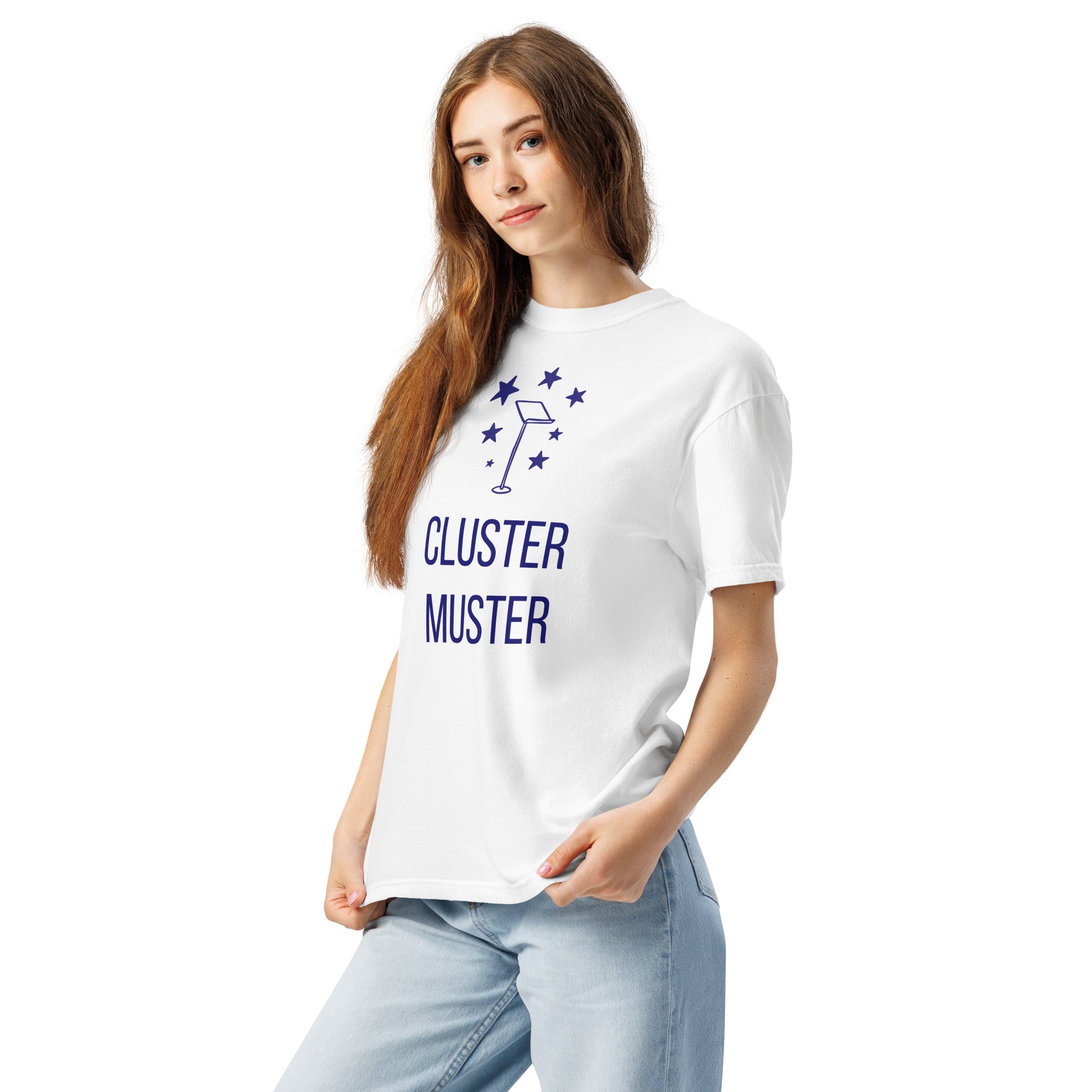 Angled front view of a woman in the White Cluster Muster star cluster shirt