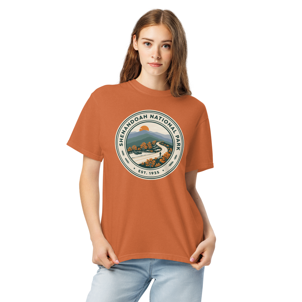 Shenandoah National Park vintage badge t-shirt in Yam worn by a model, side front view