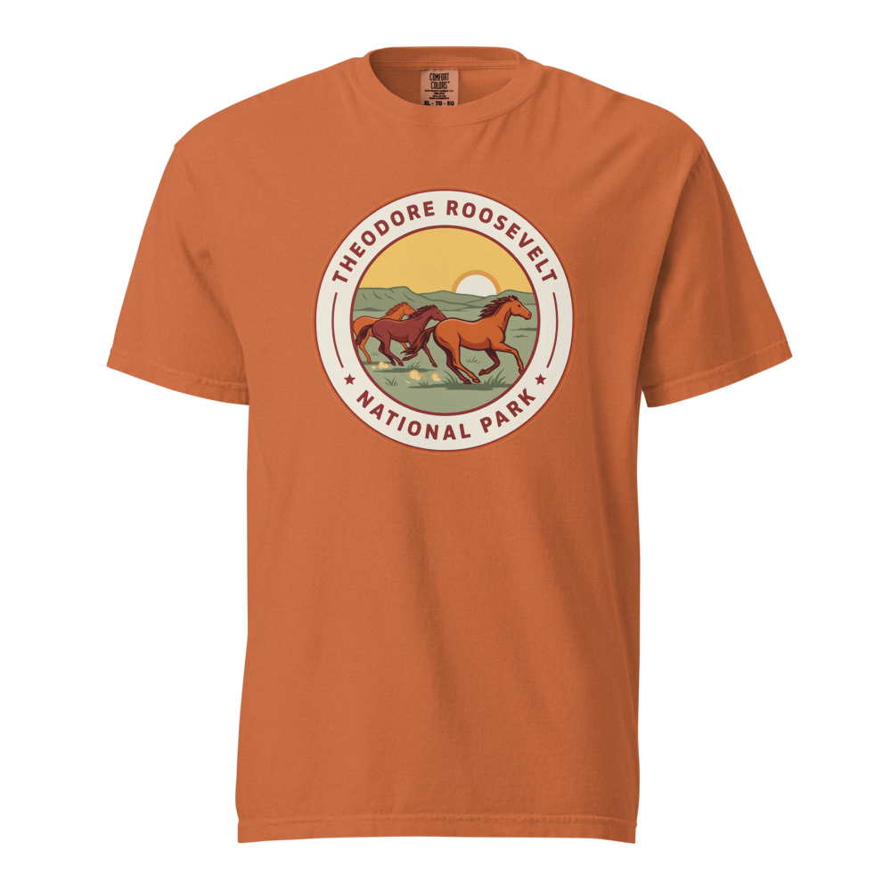 Theodore Roosevelt National Park vintage badge t-shirt in Yam, front view