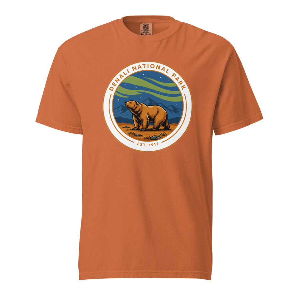 Denali National Park vintage badge t-shirt in Yam, front view