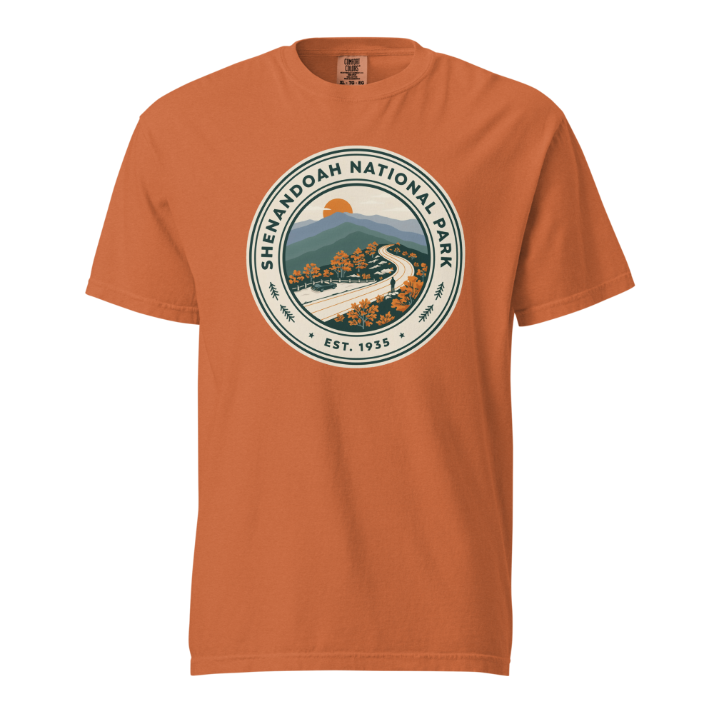 Shenandoah National Park vintage badge t-shirt in Yam, front view