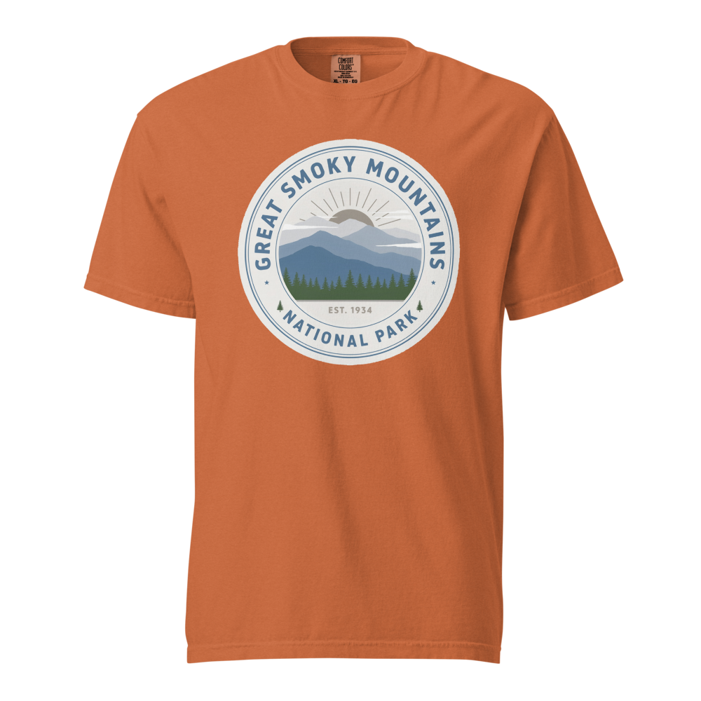 Great Smoky Mountains National Park vintage badge t-shirt in Yam, front view