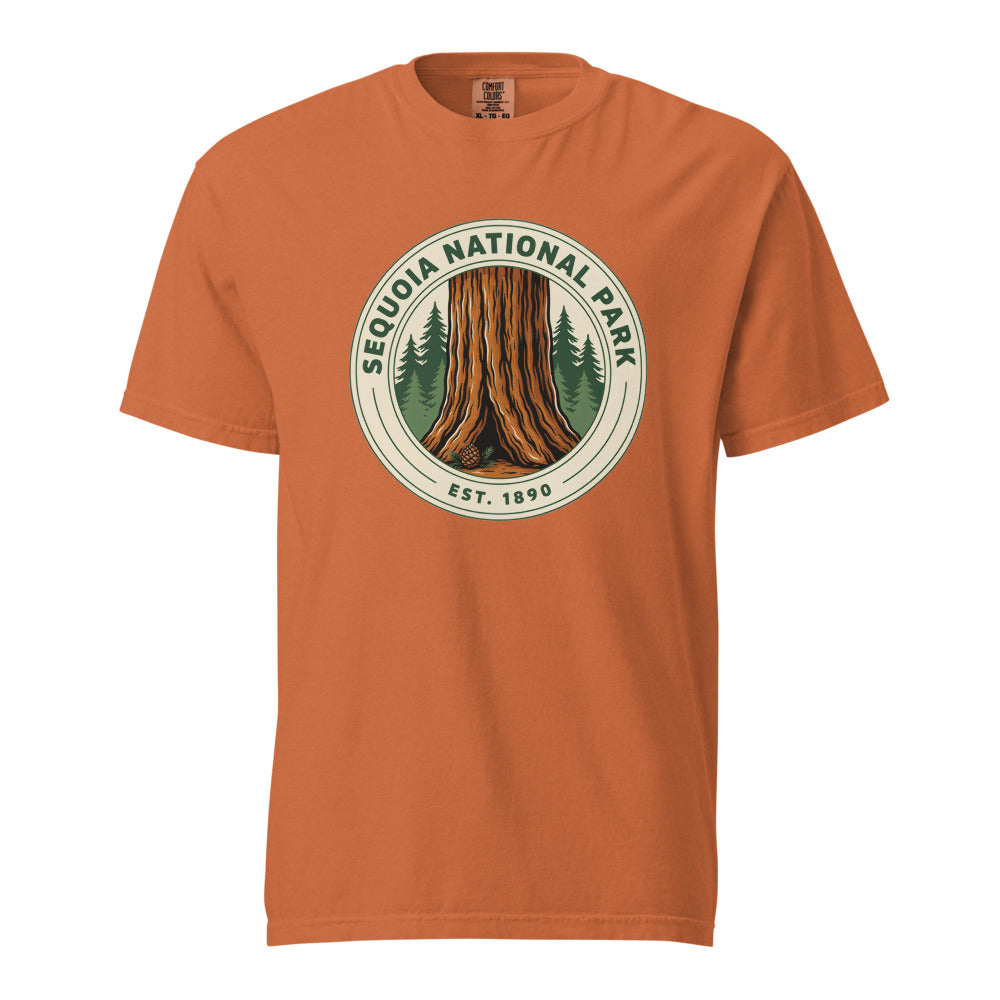 Sequoia National Park vintage badge t-shirt in Yam, front view