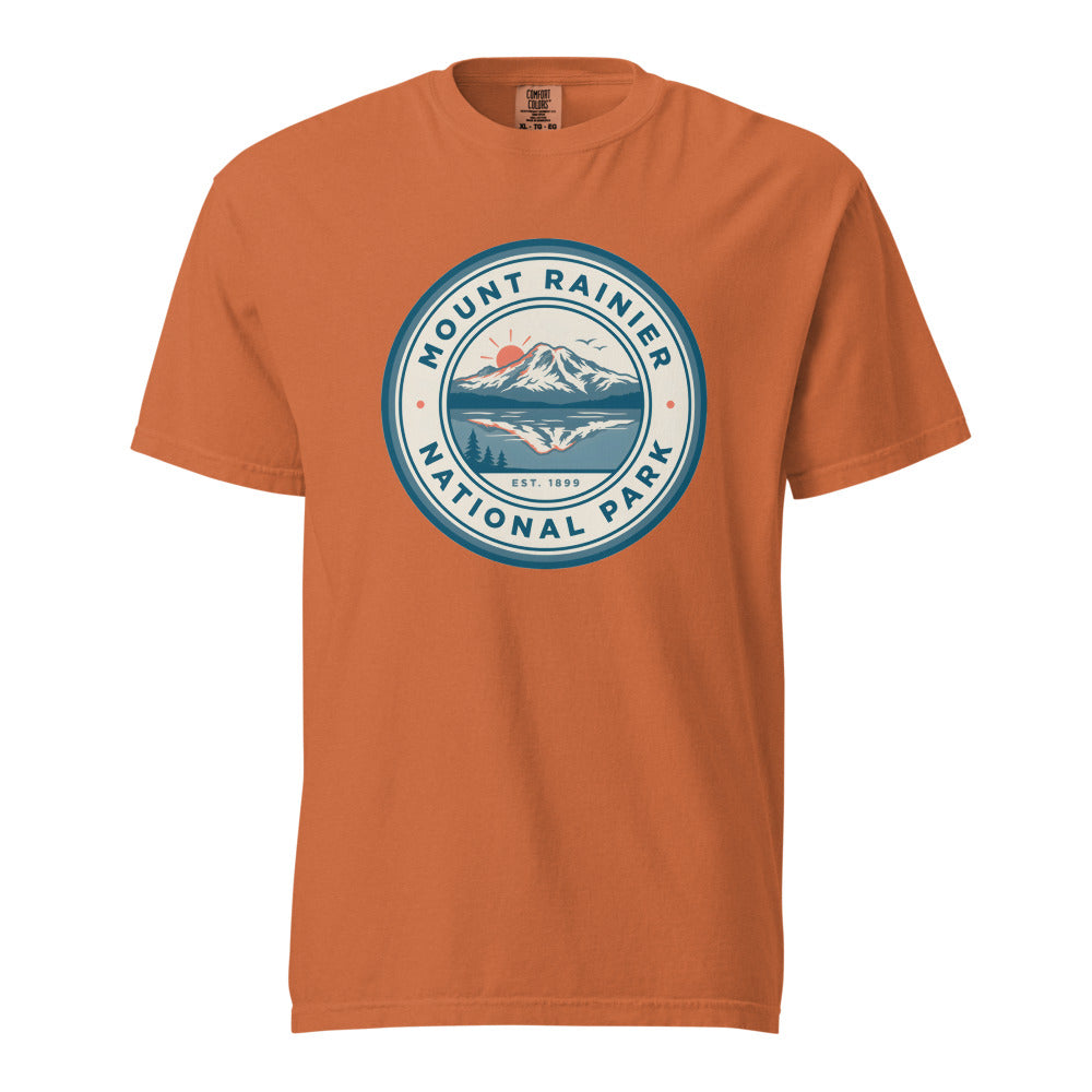 Mount Rainier National Park vintage badge t-shirt in Yam, front view