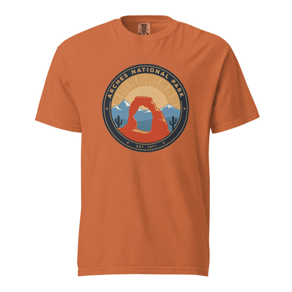 Arches National Park vintage badge t-shirt in Yam, front view
