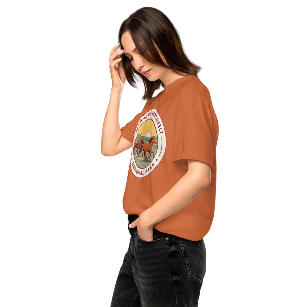 Theodore Roosevelt National Park vintage badge t-shirt in Yam worn by a model, side front view