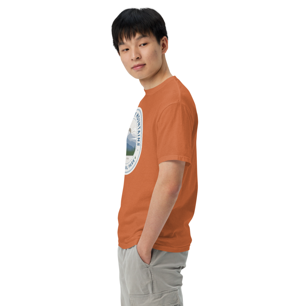 Great Smoky Mountains National Park vintage badge t-shirt in Yam worn by a model, side front view