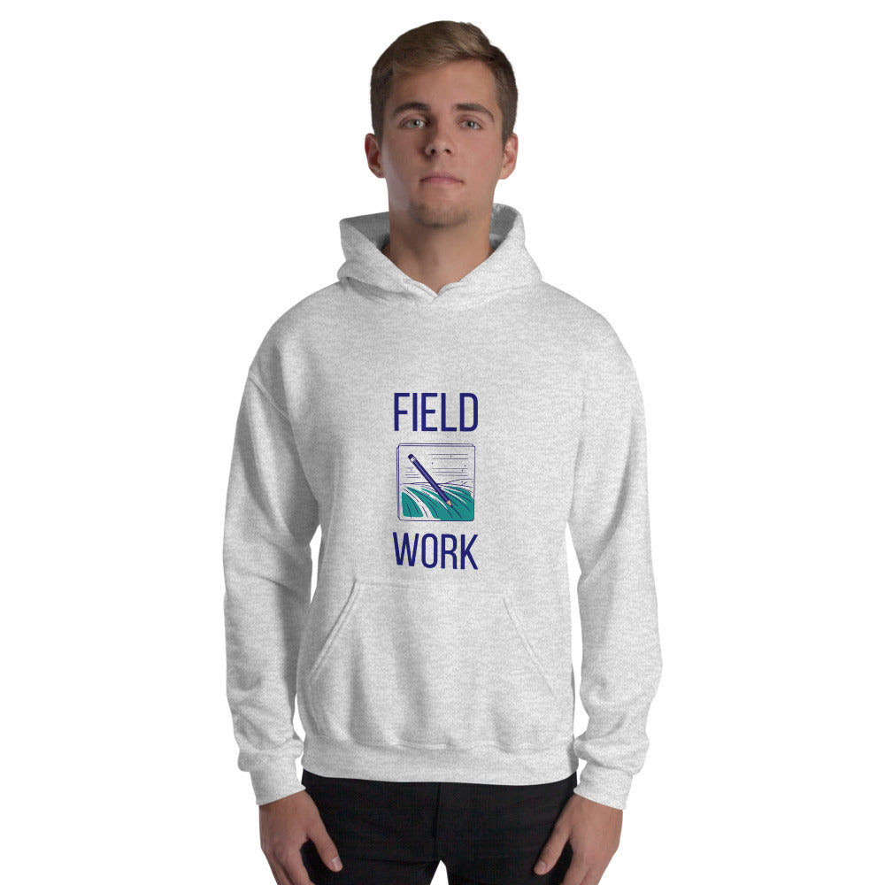 Man wearing the ash Field Work astronomy hoodie, front view of the notebook and pencil print