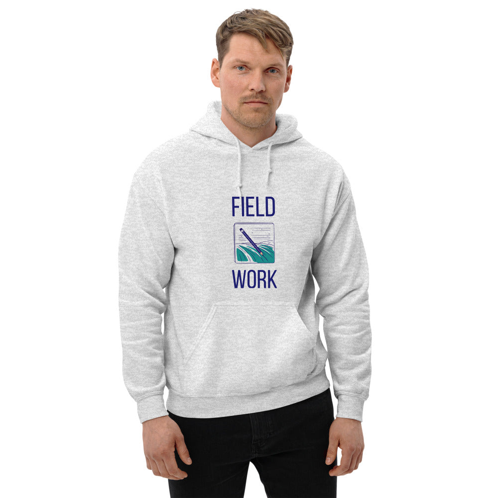 Men's ash astronomy hoodie with FIELD WORK lettering around a notebook page, worn front-on