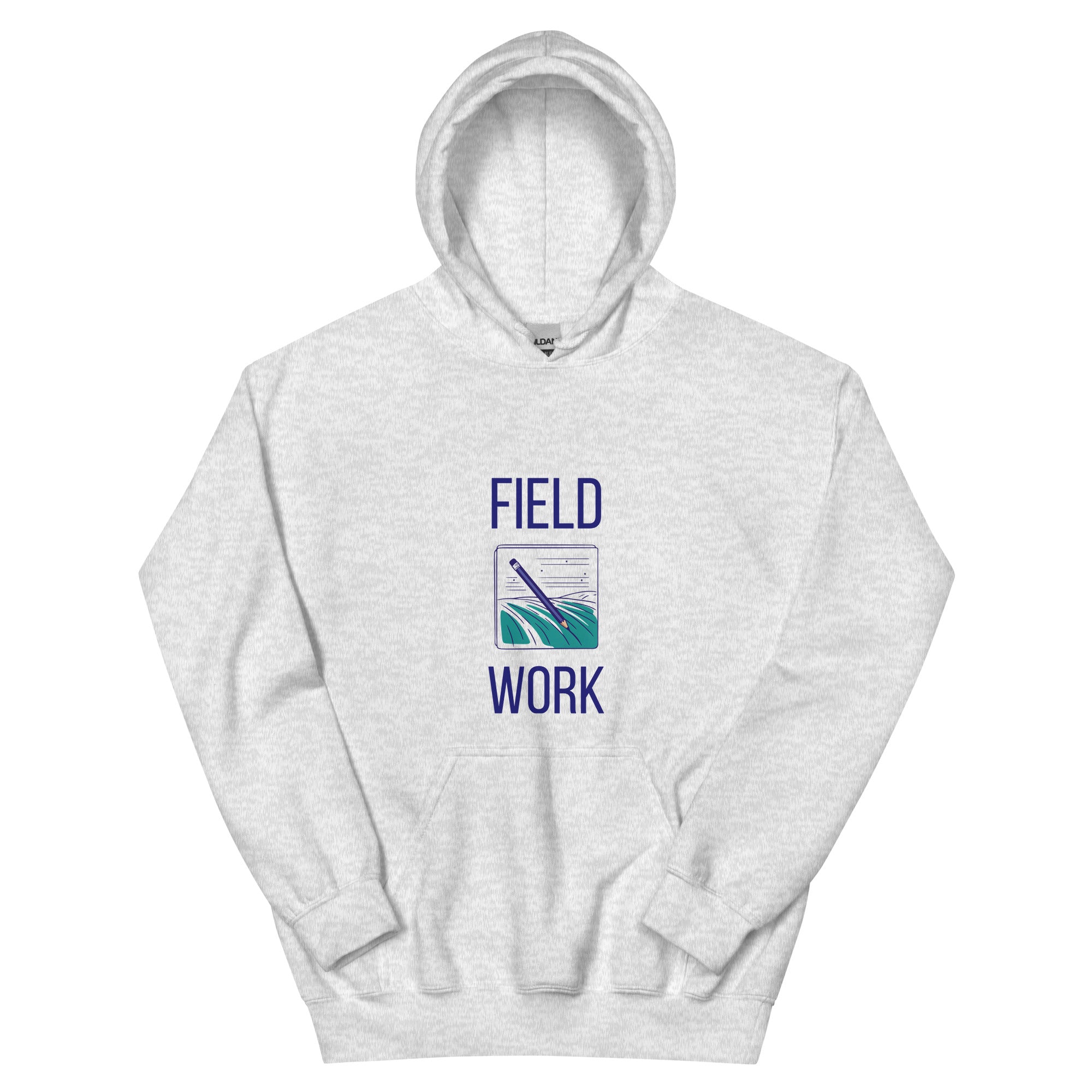 Ash Field Work astronomy hoodie product photo, front view of the FIELD WORK notebook print