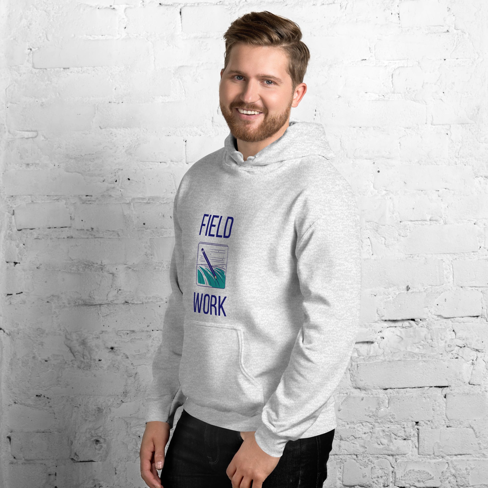 Ash Field Work astronomy hoodie, left front angle