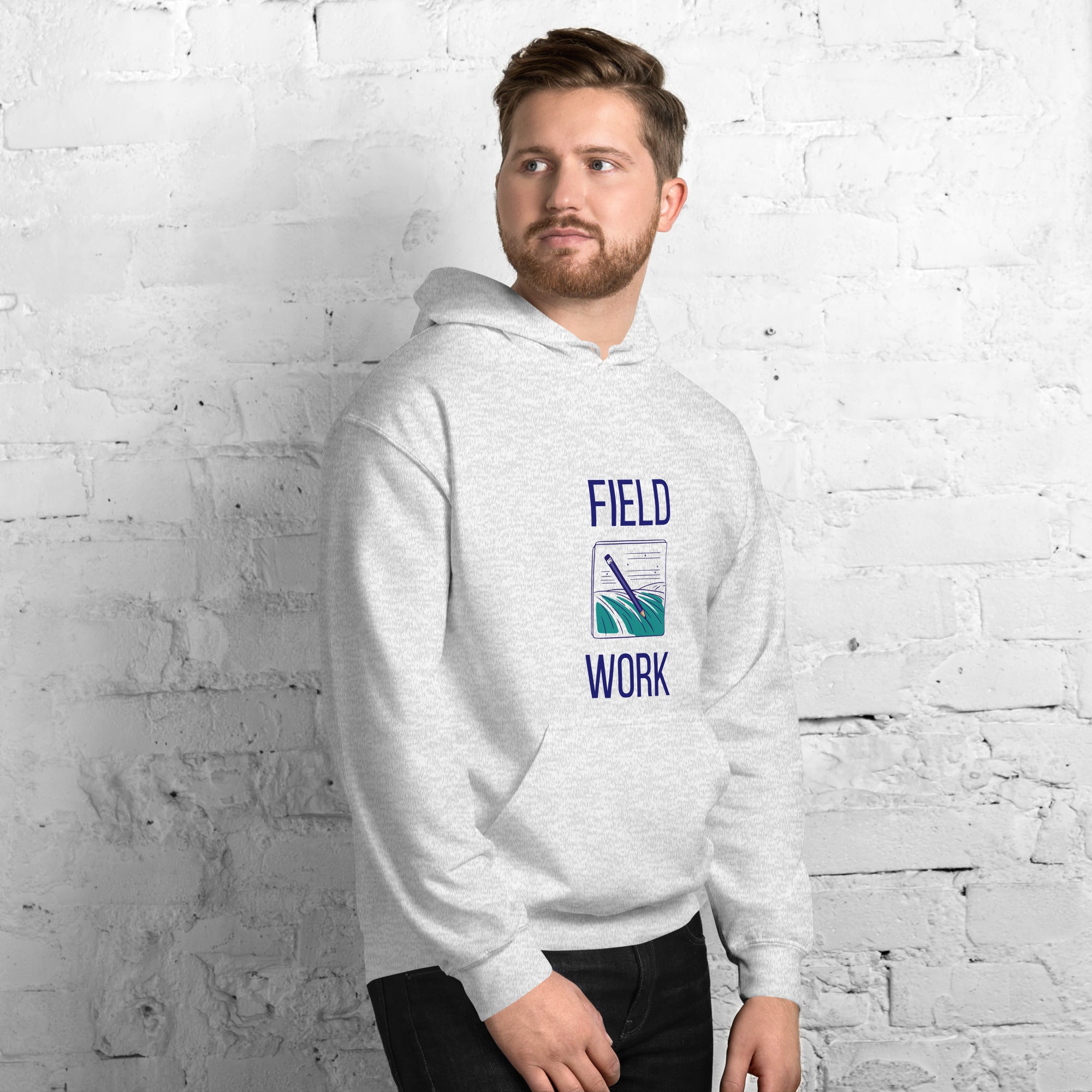 Ash Field Work astronomy hoodie, right front angle