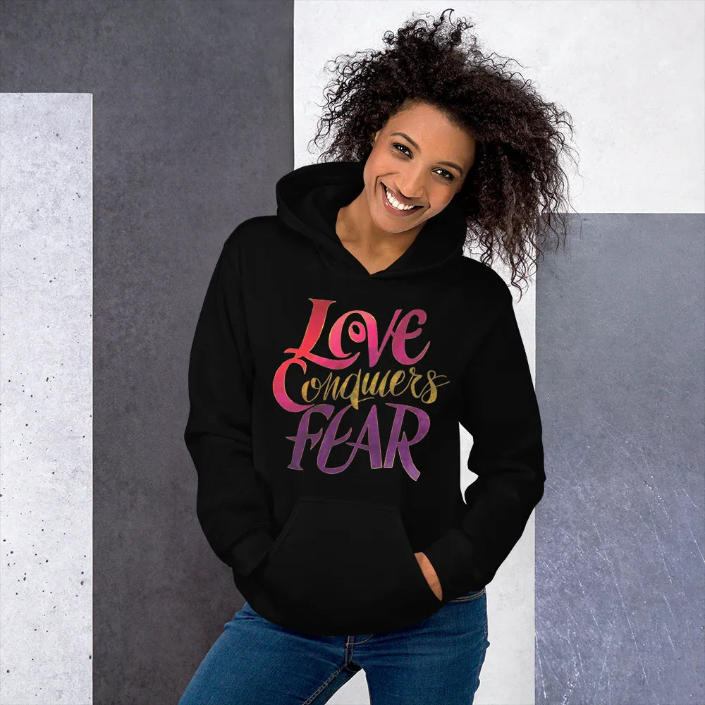 Love Conquers Fear Hoodie – Motivational Gradient Typography - RaZits