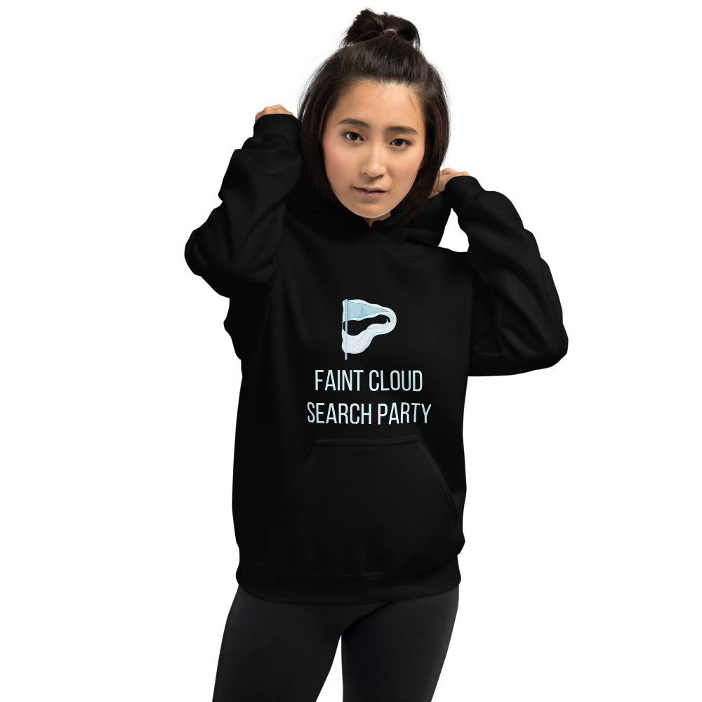 Woman pulling up the hood of the black Faint Cloud Search Party nebula hoodie