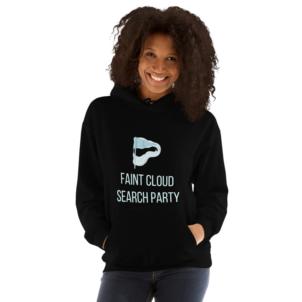 Woman wearing the black Faint Cloud Search Party nebula hoodie, hands in the pouch pocket