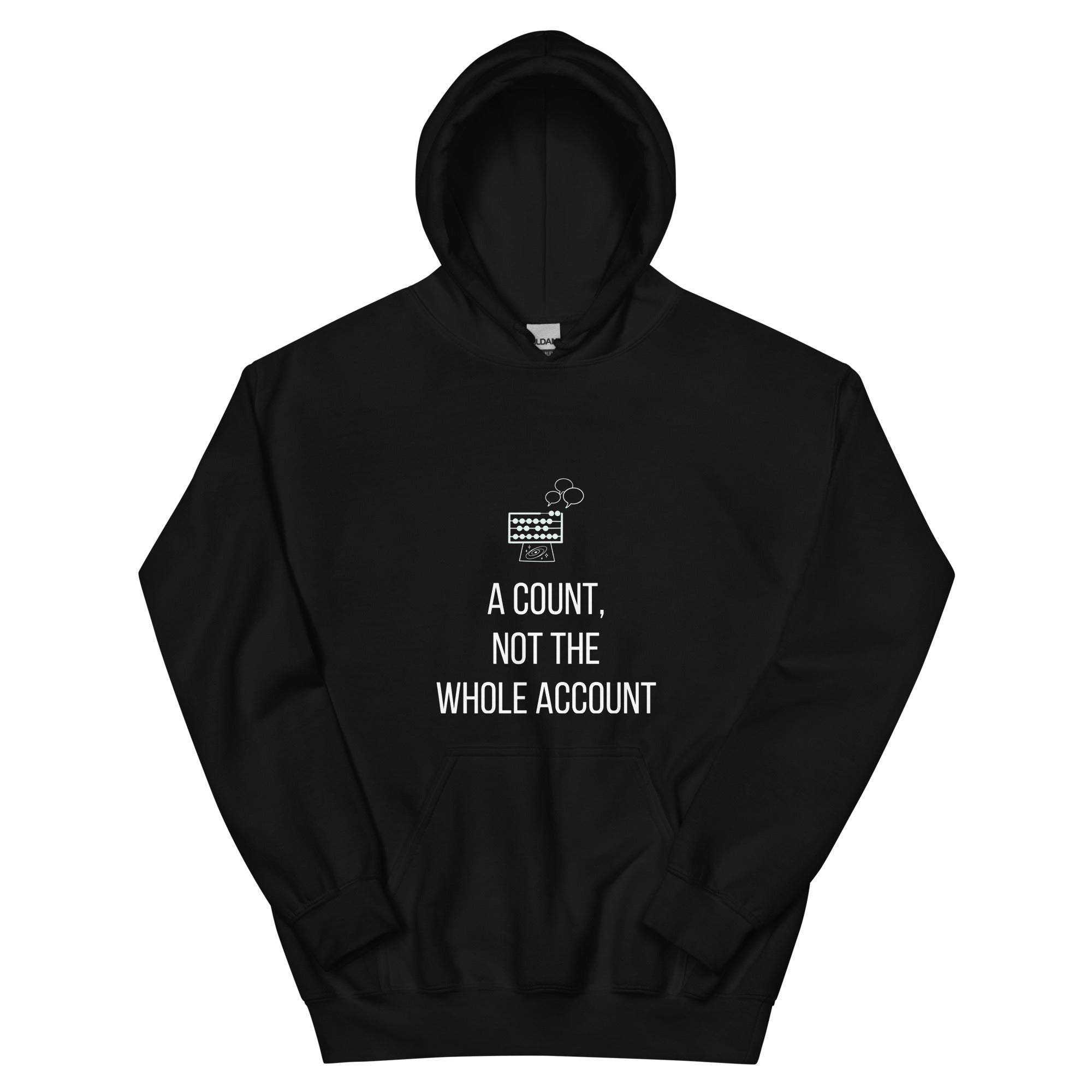 Black star party hoodie front, A Count, Not the Whole Account abacus design
