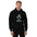 Man wearing the black Star Hopping hoodie with the telescope and three stars print, front view