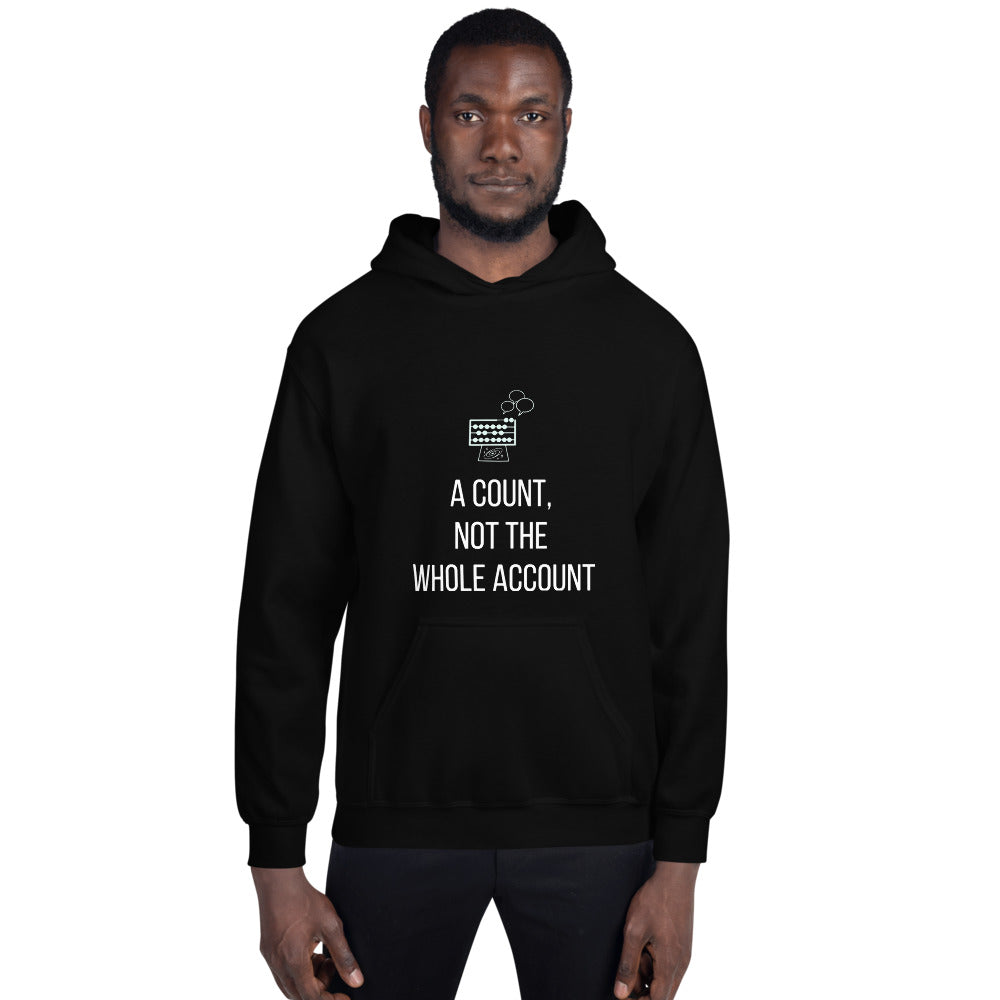 Man wearing the black star party hoodie with the A Count, Not the Whole Account abacus print, front view