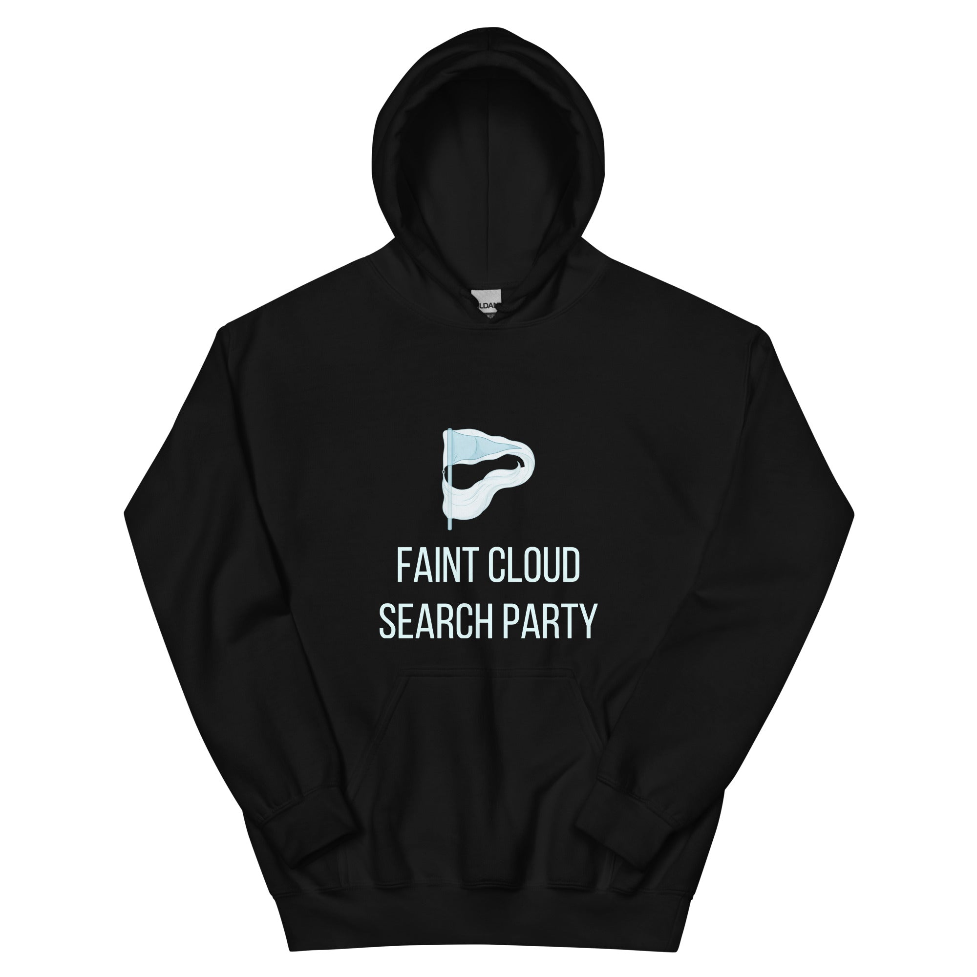 Black Faint Cloud Search Party nebula hoodie product photo, front view of the pale flag and FAINT CLOUD SEARCH PARTY lettering