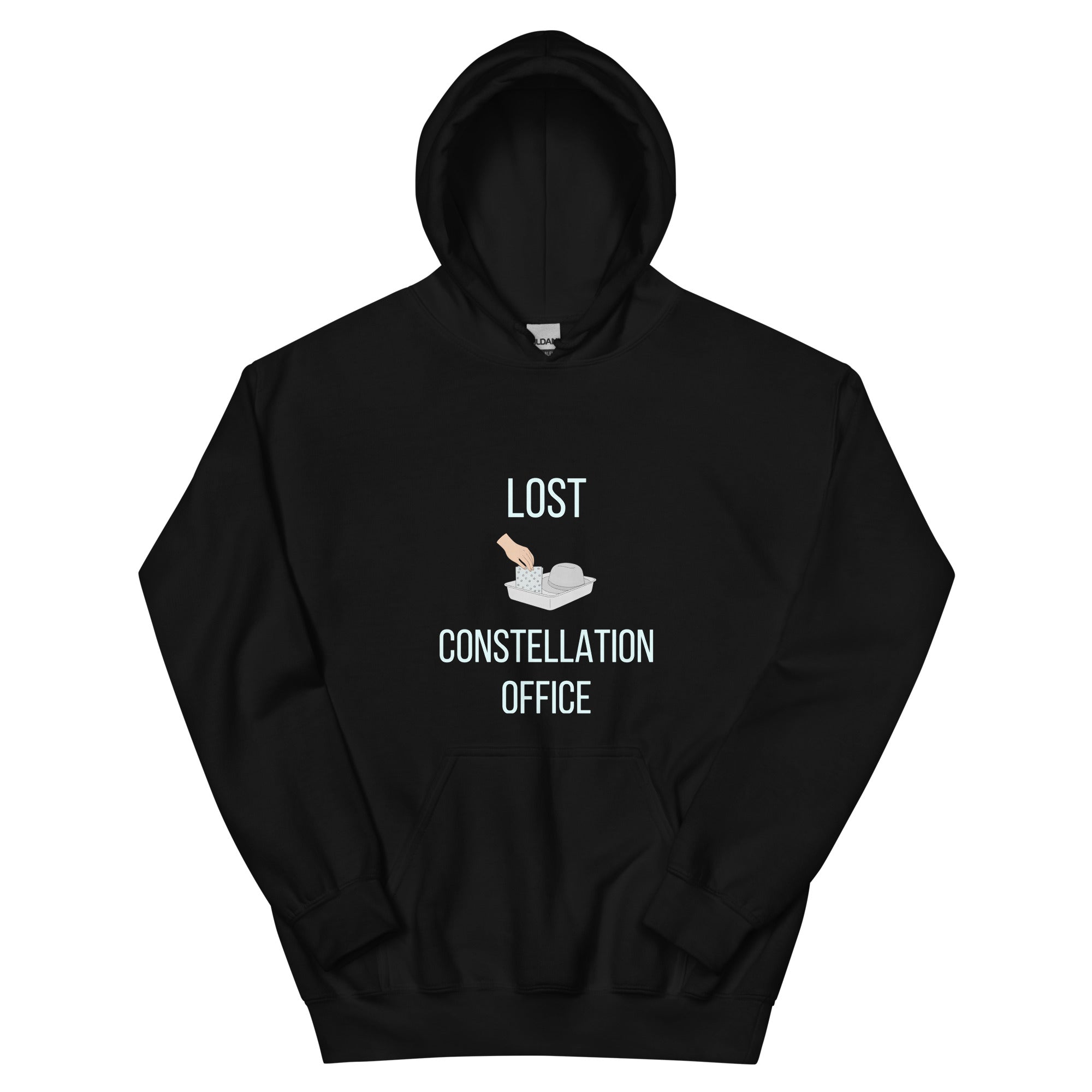 Black Lost Constellation Office constellation hoodie product photo, front view of the LOST CONSTELLATION OFFICE design