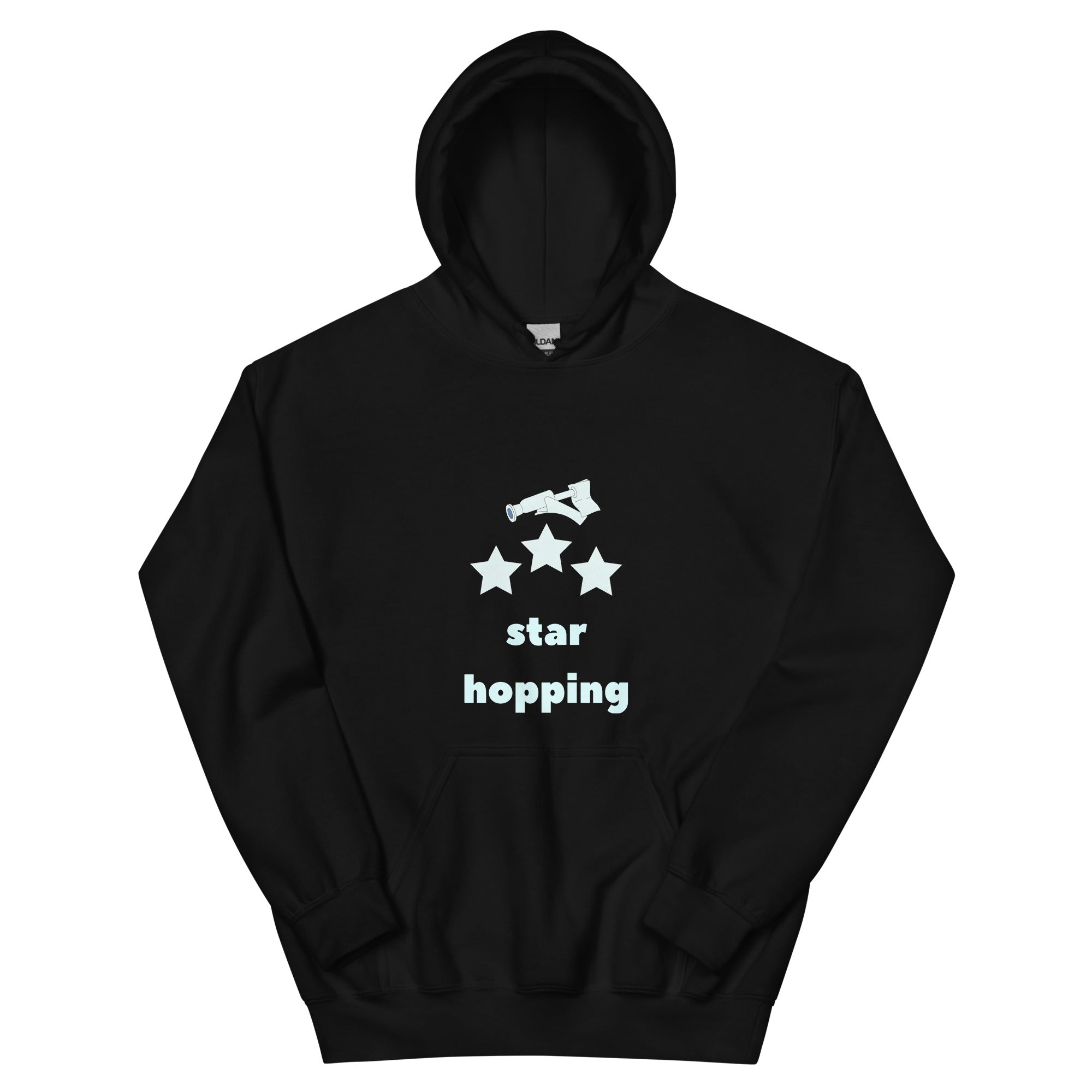 Black Star Hopping hoodie product photo, front view of the telescope, three stars and star hopping lettering