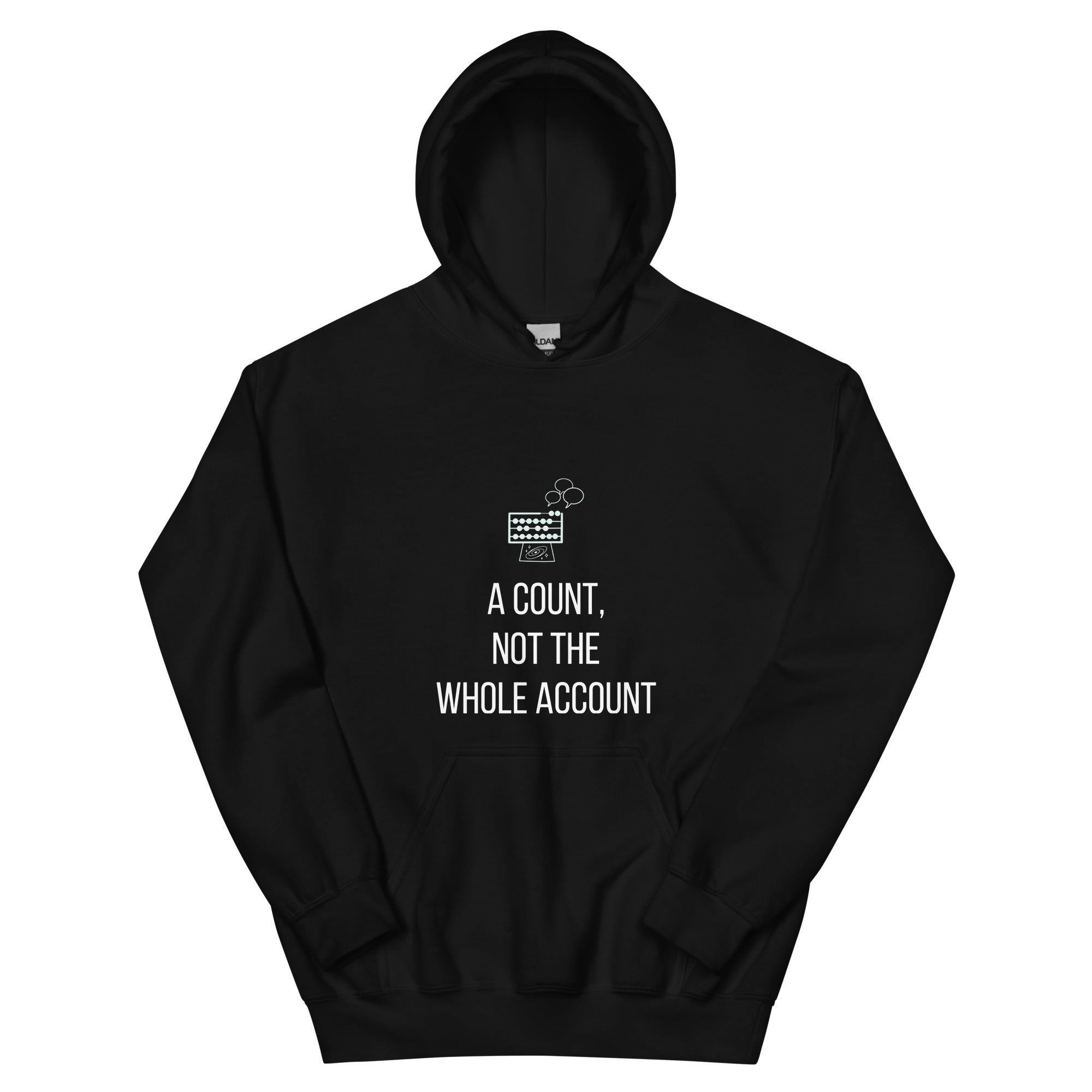 Black A Count, Not the Whole Account star party hoodie product photo, front view of the abacus print