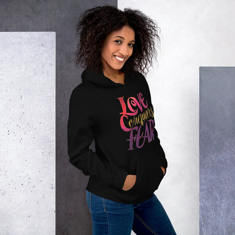 Love Conquers Fear Hoodie – Motivational Gradient Typography - RaZits