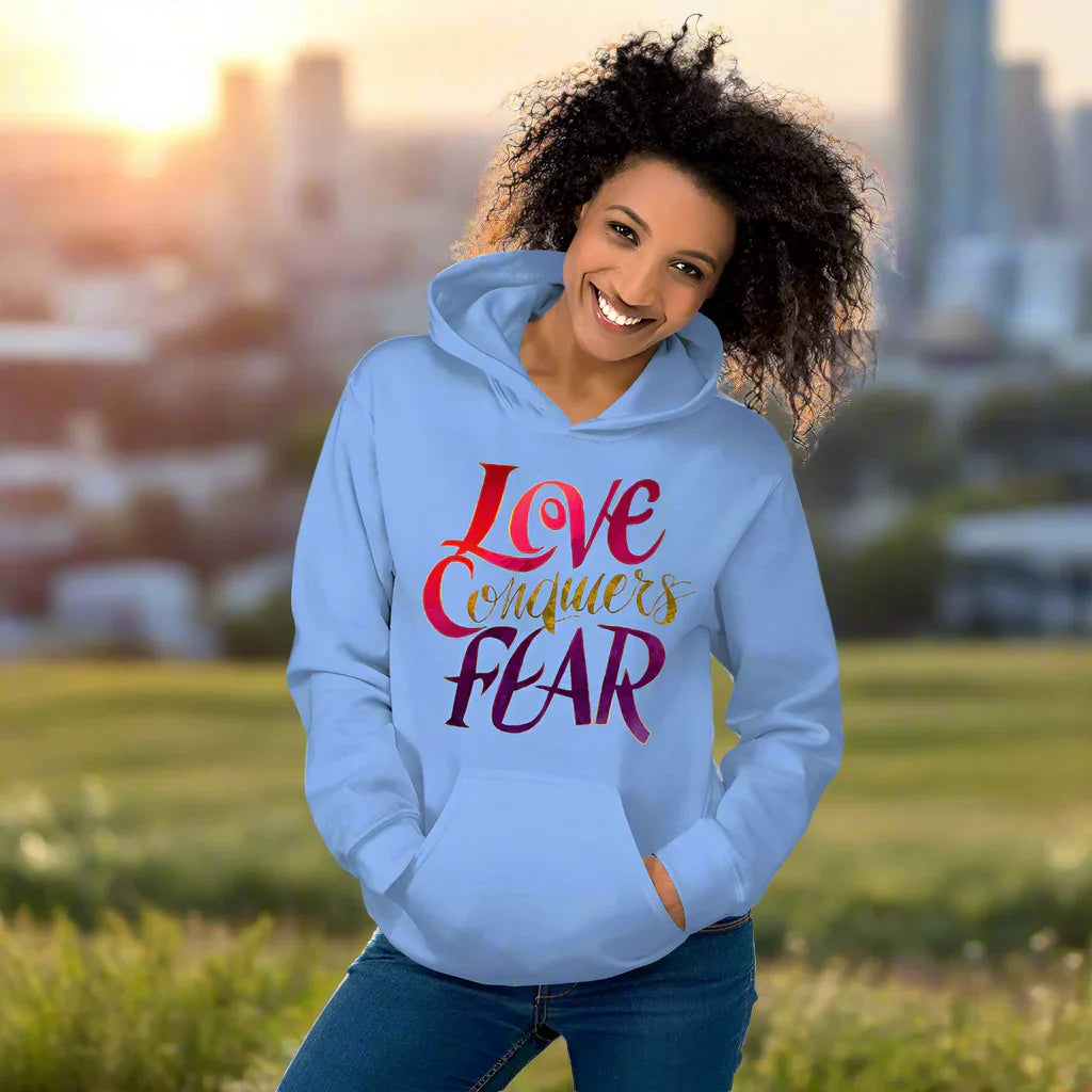 Love Conquers Fear Hoodie – Motivational Gradient Typography - RaZits