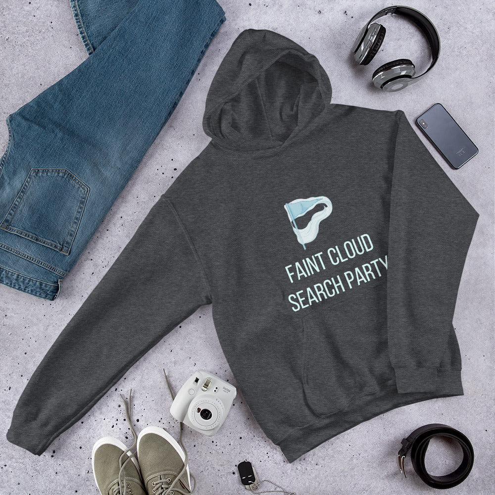 Dark heather Faint Cloud Search Party nebula hoodie laid flat with jeans, sneakers and a camera