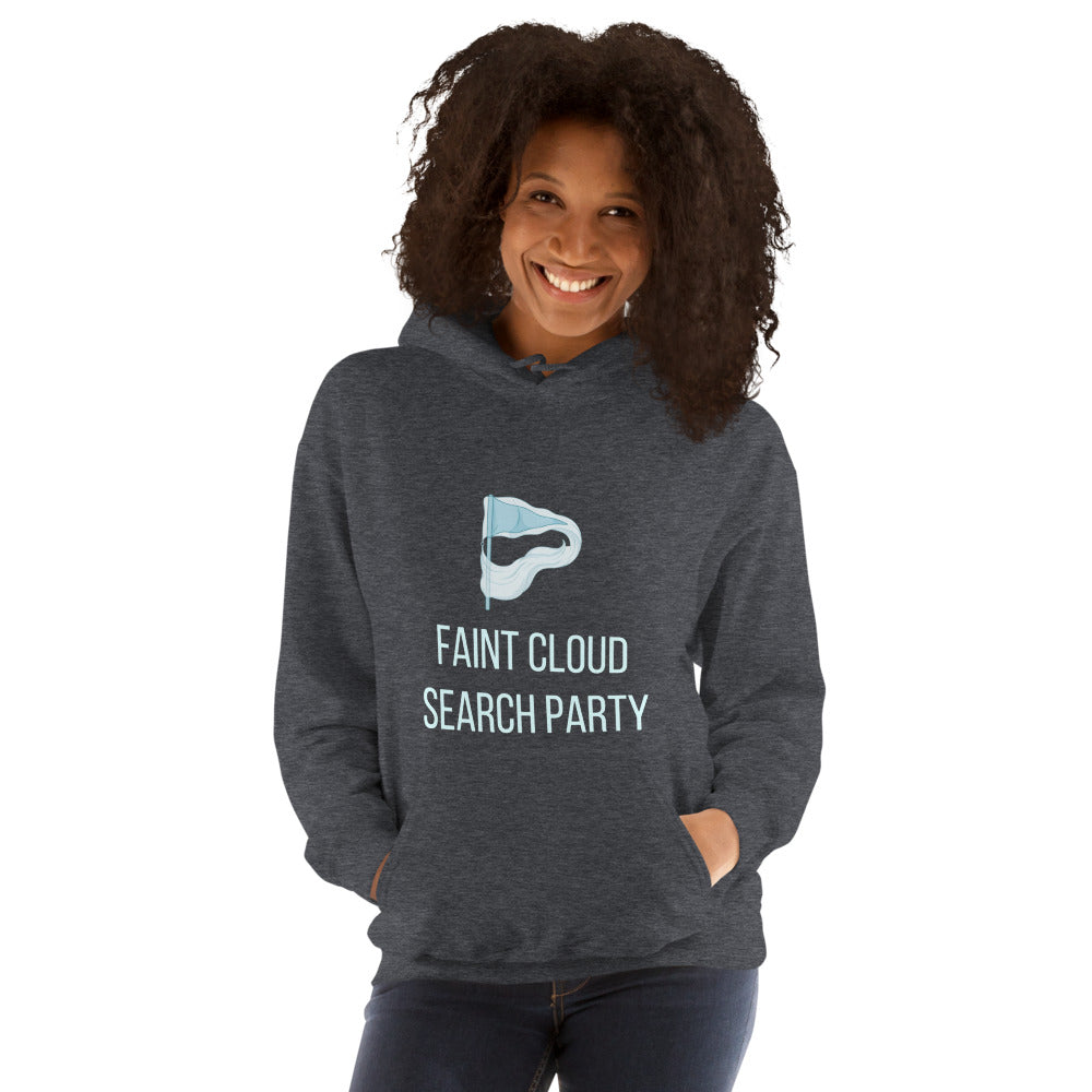 Woman wearing the dark heather Faint Cloud Search Party nebula hoodie, front view