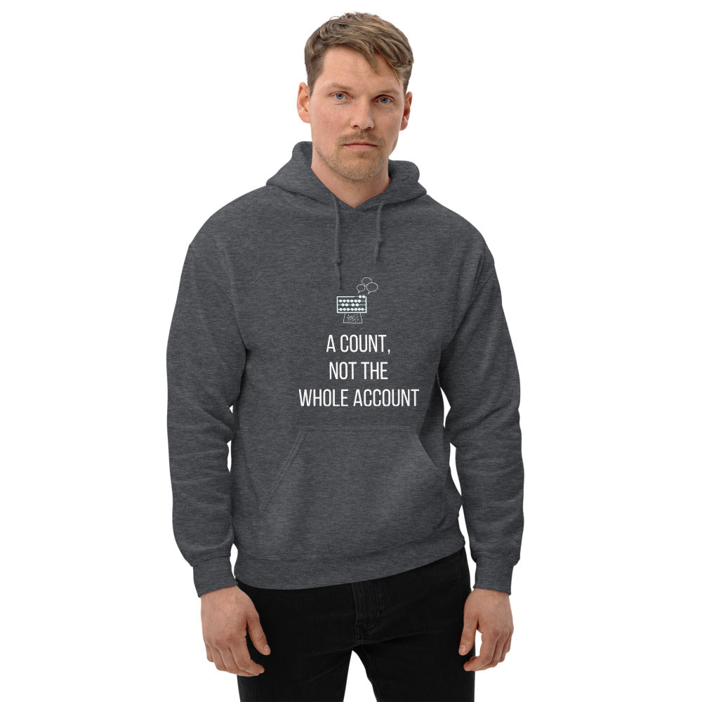 Men's dark heather A Count, Not the Whole Account hoodie worn front-on, abacus and speech bubbles above white lettering
