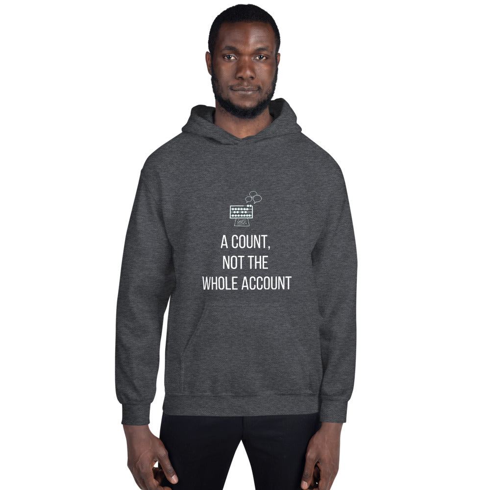 Man wearing the dark heather star party hoodie with the A Count, Not the Whole Account abacus print, front view