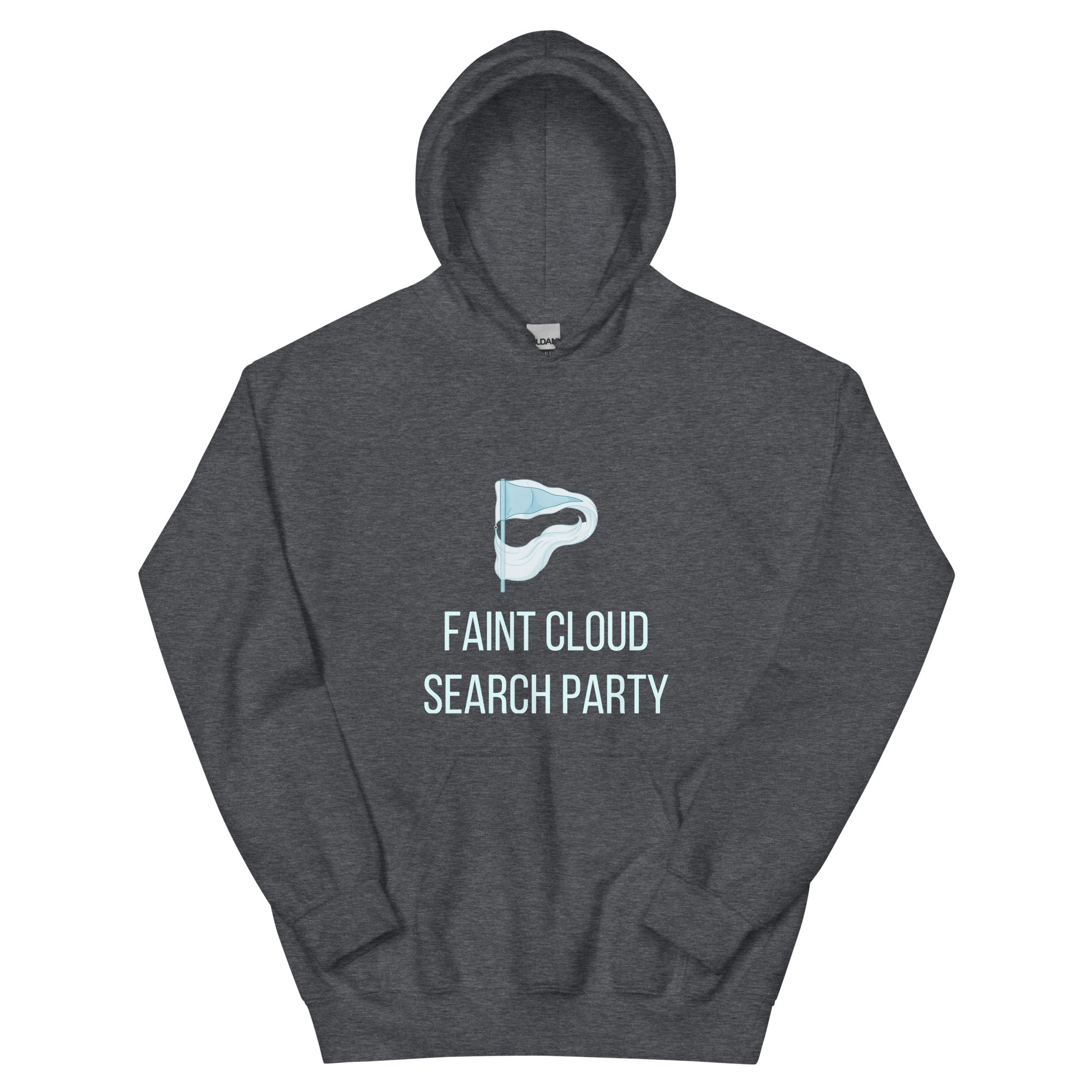 Dark heather Faint Cloud Search Party nebula hoodie product photo, front view of the pale flag and FAINT CLOUD SEARCH PARTY lettering