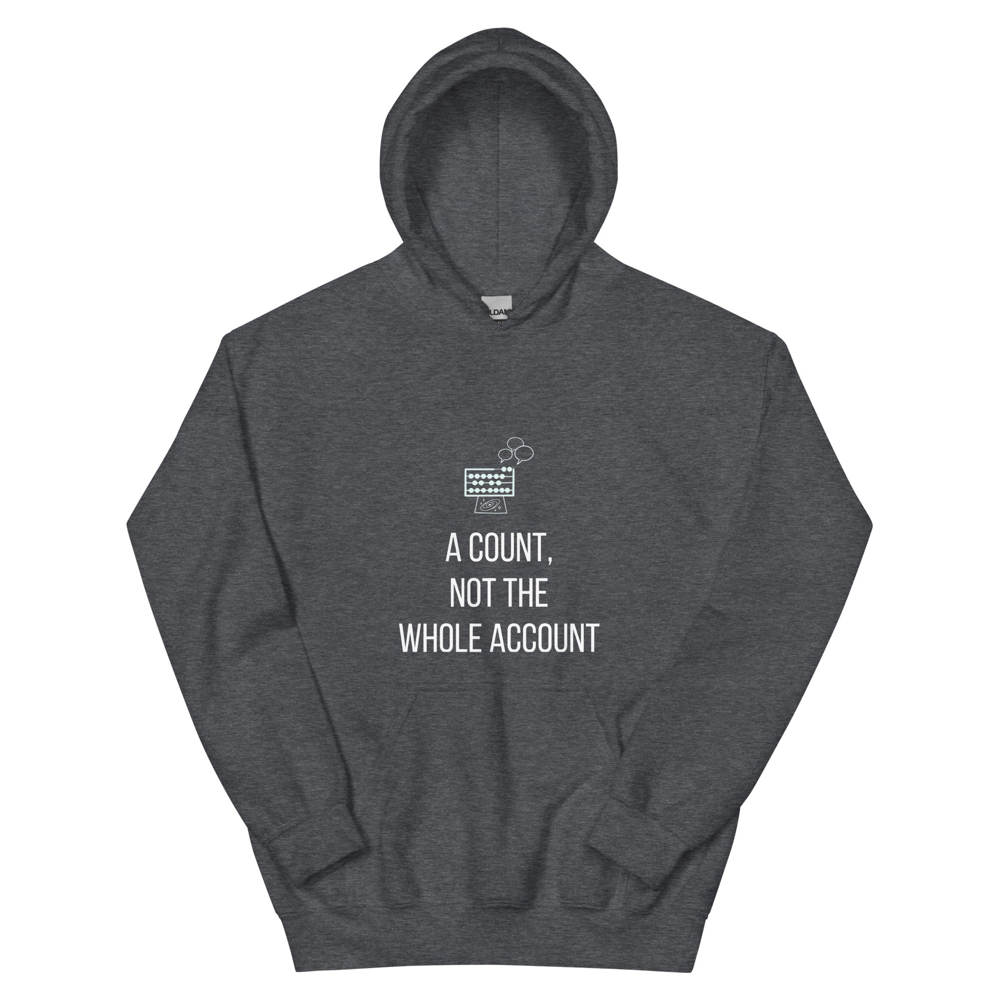 Dark heather A Count, Not the Whole Account star party hoodie product photo, front view of the abacus print
