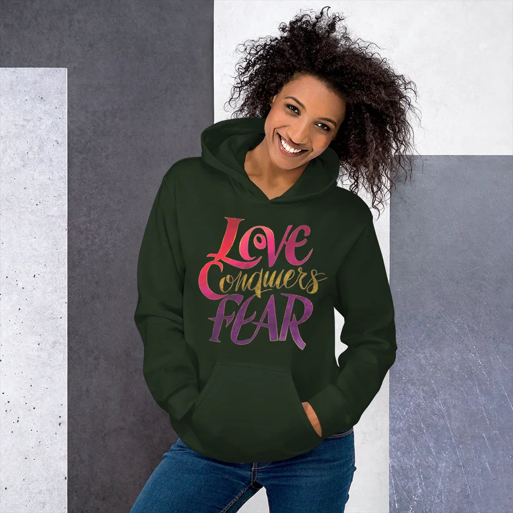 Love Conquers Fear Hoodie – Motivational Gradient Typography - RaZits