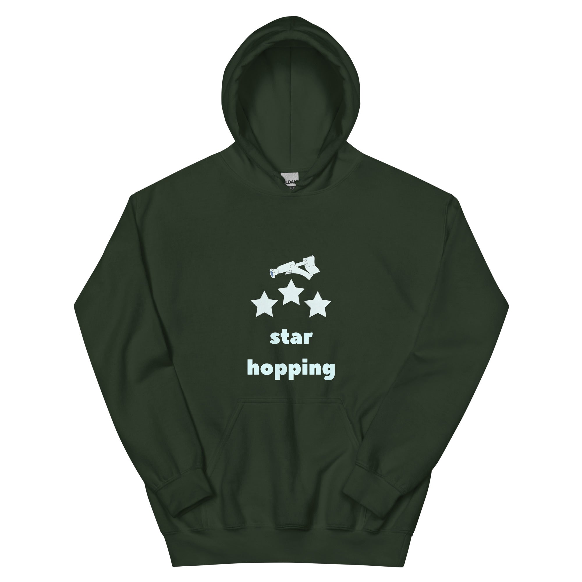 Forest green Star Hopping hoodie product photo, front view of the telescope, three stars and star hopping lettering