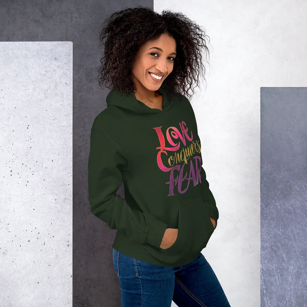 Love Conquers Fear Hoodie – Motivational Gradient Typography - RaZits