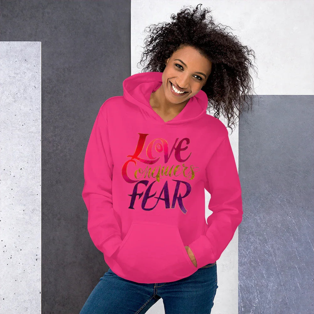 Love Conquers Fear Hoodie – Motivational Gradient Typography - RaZits